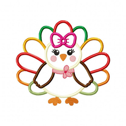 Thanksgiving Colorful Turkey Girl - Applique - Machine Embroidery Design