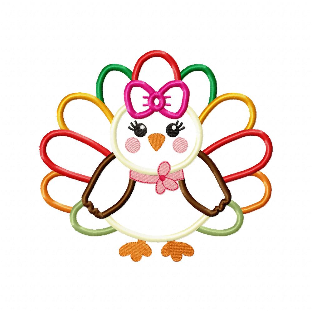 Thanksgiving Colorful Turkey Girl - Applique - Machine Embroidery Design