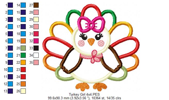 Thanksgiving Colorful Turkey Girl - Applique - Machine Embroidery Design