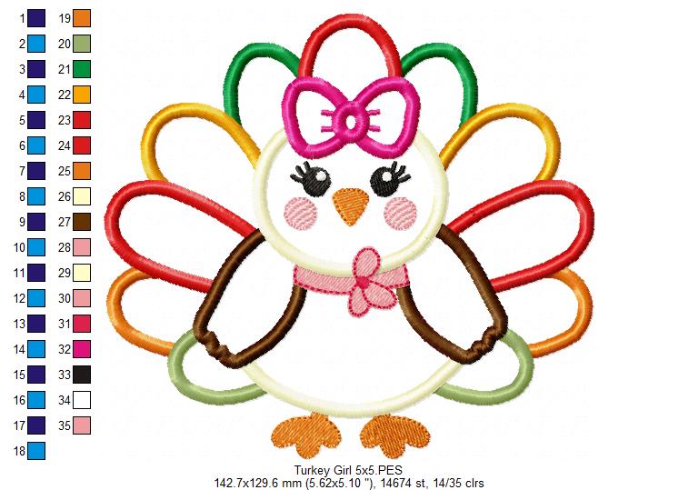 Thanksgiving Colorful Turkey Girl - Applique - Machine Embroidery Design