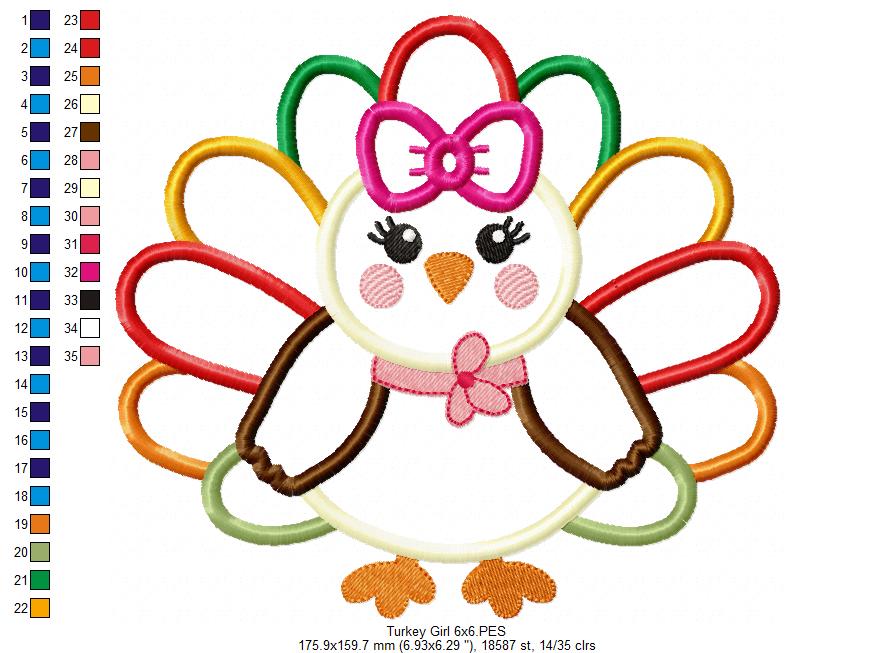 Thanksgiving Colorful Turkey Girl - Applique - Machine Embroidery Design