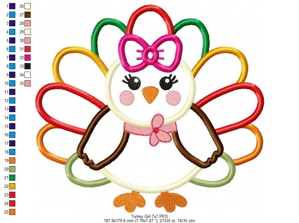 Thanksgiving Colorful Turkey Girl - Applique - Machine Embroidery Design