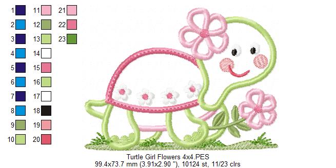 Turtle Girl and Flowers - Applique - Machine Embroidery Design