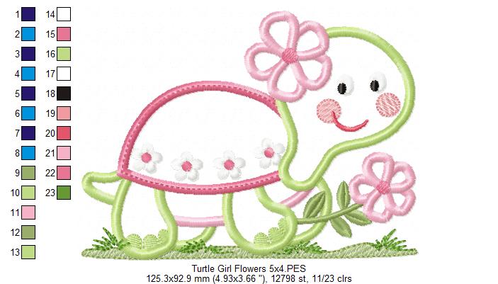 Turtle Girl and Flowers - Applique - Machine Embroidery Design
