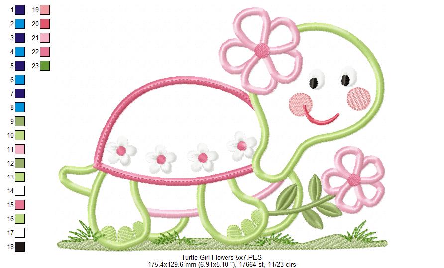 Turtle Girl and Flowers - Applique - Machine Embroidery Design