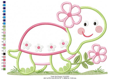 Turtle Girl and Flowers - Applique - Machine Embroidery Design