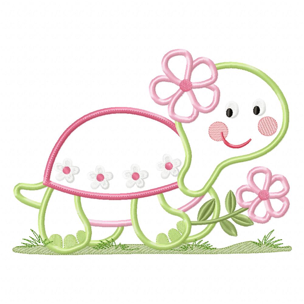 Turtle Girl and Flowers - Applique - Machine Embroidery Design
