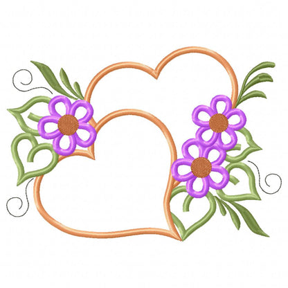 Two Hearts and Flowers - Applique - Machine Embroidery Design