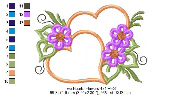 Two Hearts and Flowers - Applique - Machine Embroidery Design