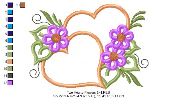 Two Hearts and Flowers - Applique - Machine Embroidery Design