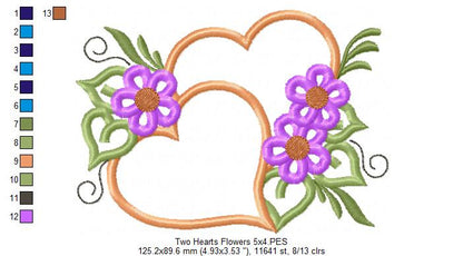 Two Hearts and Flowers - Applique - Machine Embroidery Design
