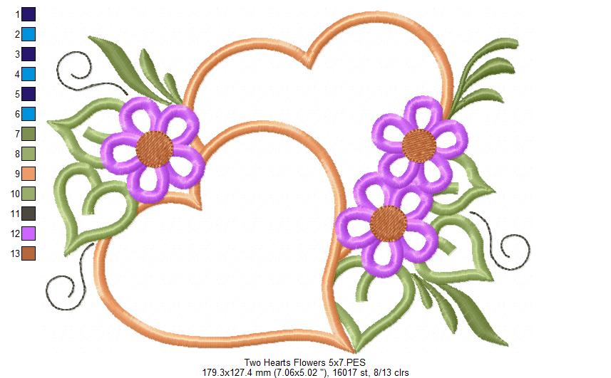 Two Hearts and Flowers - Applique - Machine Embroidery Design