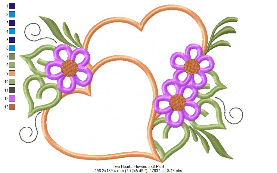 Two Hearts and Flowers - Applique - Machine Embroidery Design