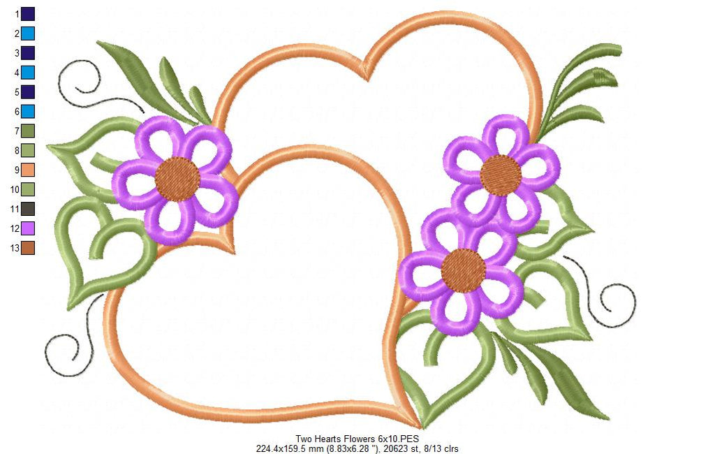 Two Hearts and Flowers - Applique - Machine Embroidery Design