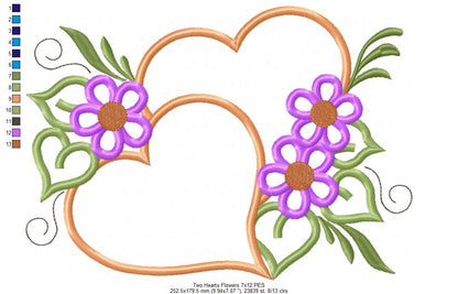Two Hearts and Flowers - Applique - Machine Embroidery Design