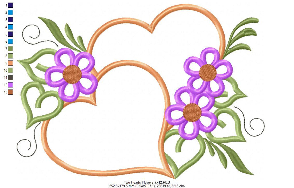 Two Hearts and Flowers - Applique - Machine Embroidery Design