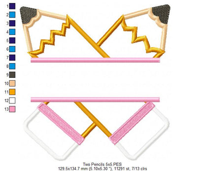 Two Split Pencils - Applique - Machine Embroidery Design
