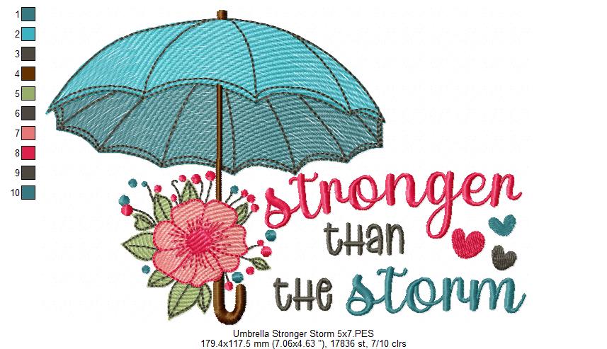 Stronger Than the Storm Umbrella and Flower - Rippled Stitch - Machine Embroidery Design