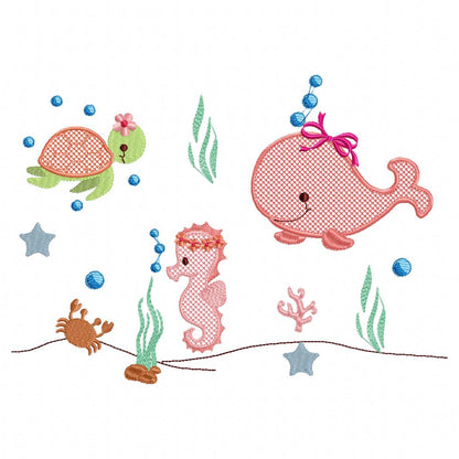Under the Sea Girl Animals - Rippled Stitch - Machine Embroidery Design
