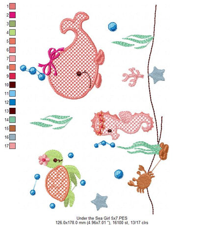 Under the Sea Girl Animals - Rippled Stitch - Machine Embroidery Design