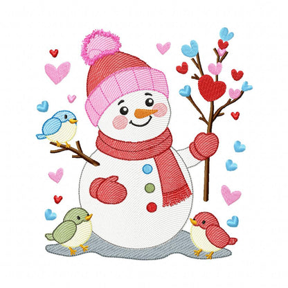 Valentine's Snowman and Birds - Rippled Stitch - Machine Embroidery Design