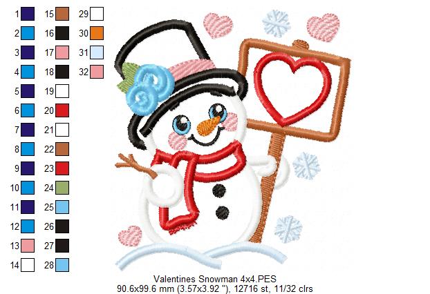 Valentines Snowman and Hearts - Applique - Machine Embroidery Design