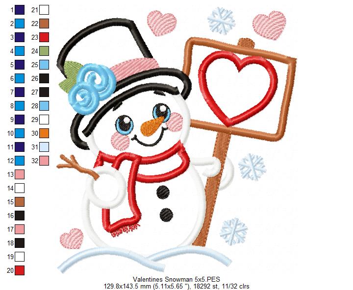 Valentines Snowman and Hearts - Applique - Machine Embroidery Design