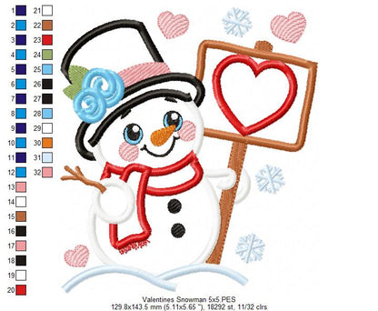 Valentines Snowman and Hearts - Applique - Machine Embroidery Design