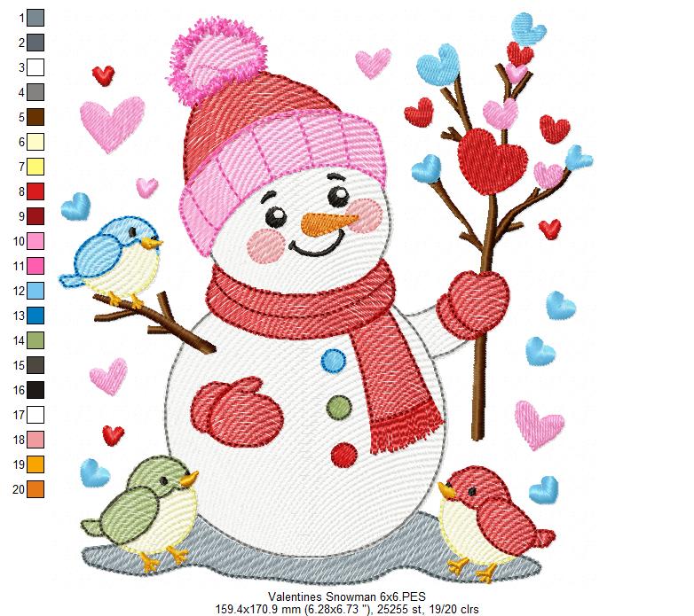 Valentine's Snowman and Birds - Rippled Stitch - Machine Embroidery Design