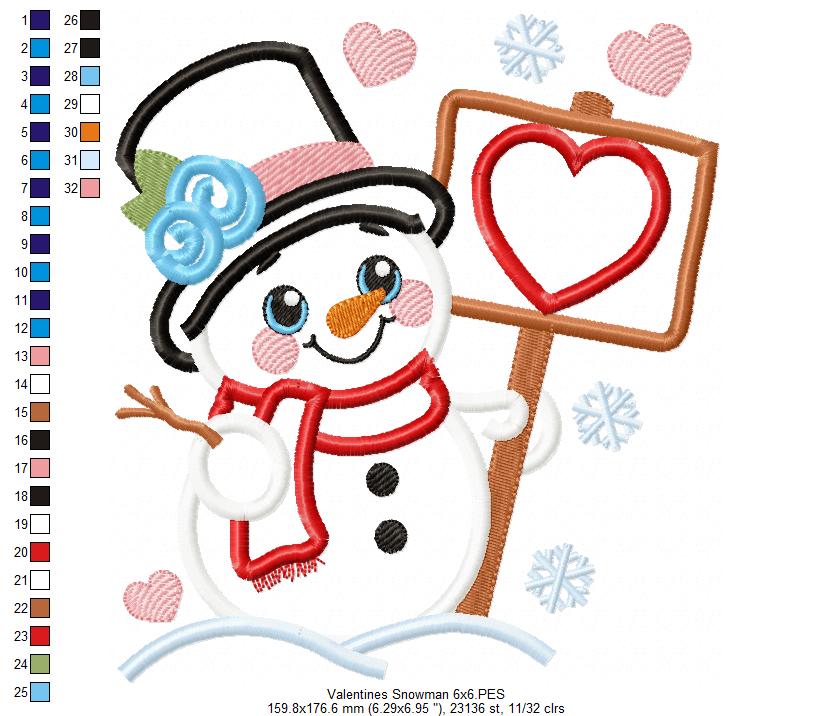 Valentines Snowman and Hearts - Applique - Machine Embroidery Design