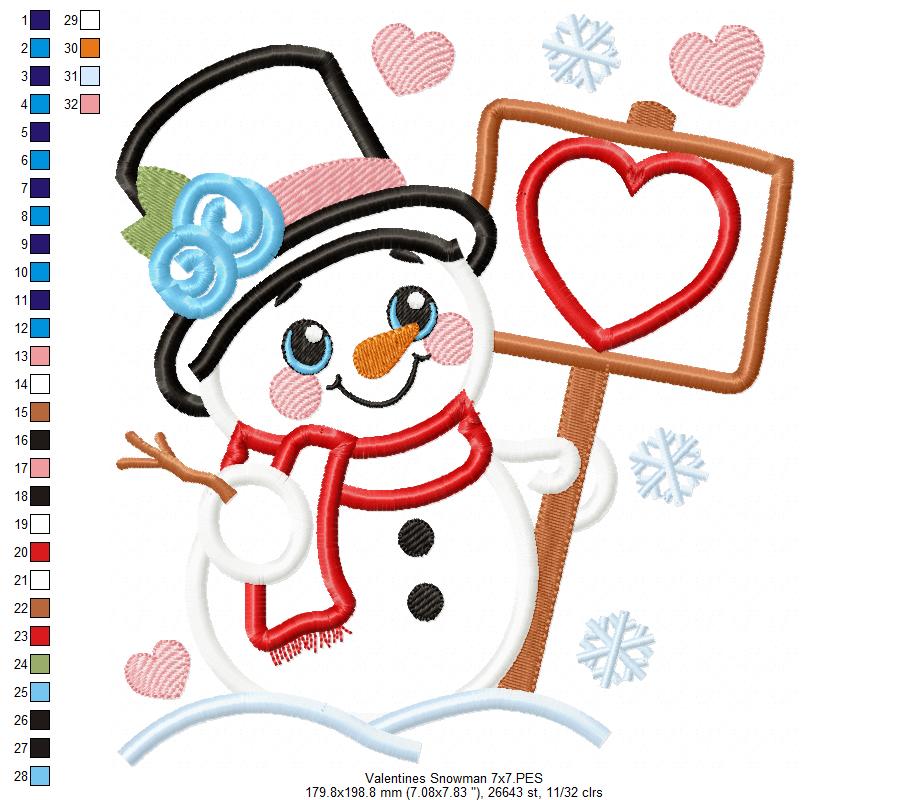 Valentines Snowman and Hearts - Applique - Machine Embroidery Design