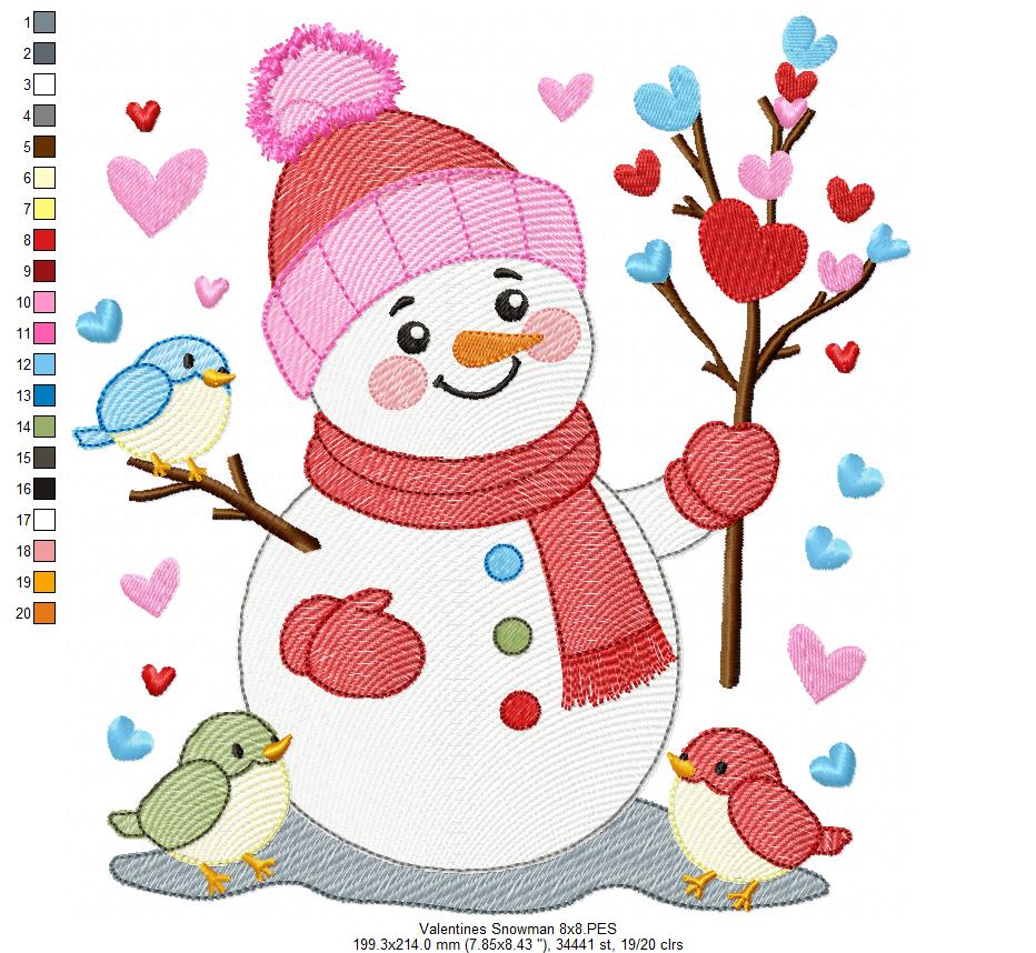 Valentine's Snowman and Birds - Rippled Stitch - Machine Embroidery Design