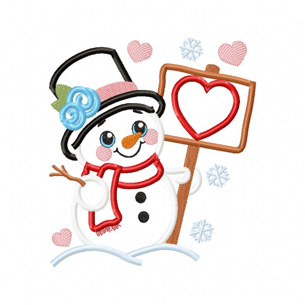 Valentines Snowman and Hearts - Applique - Machine Embroidery Design