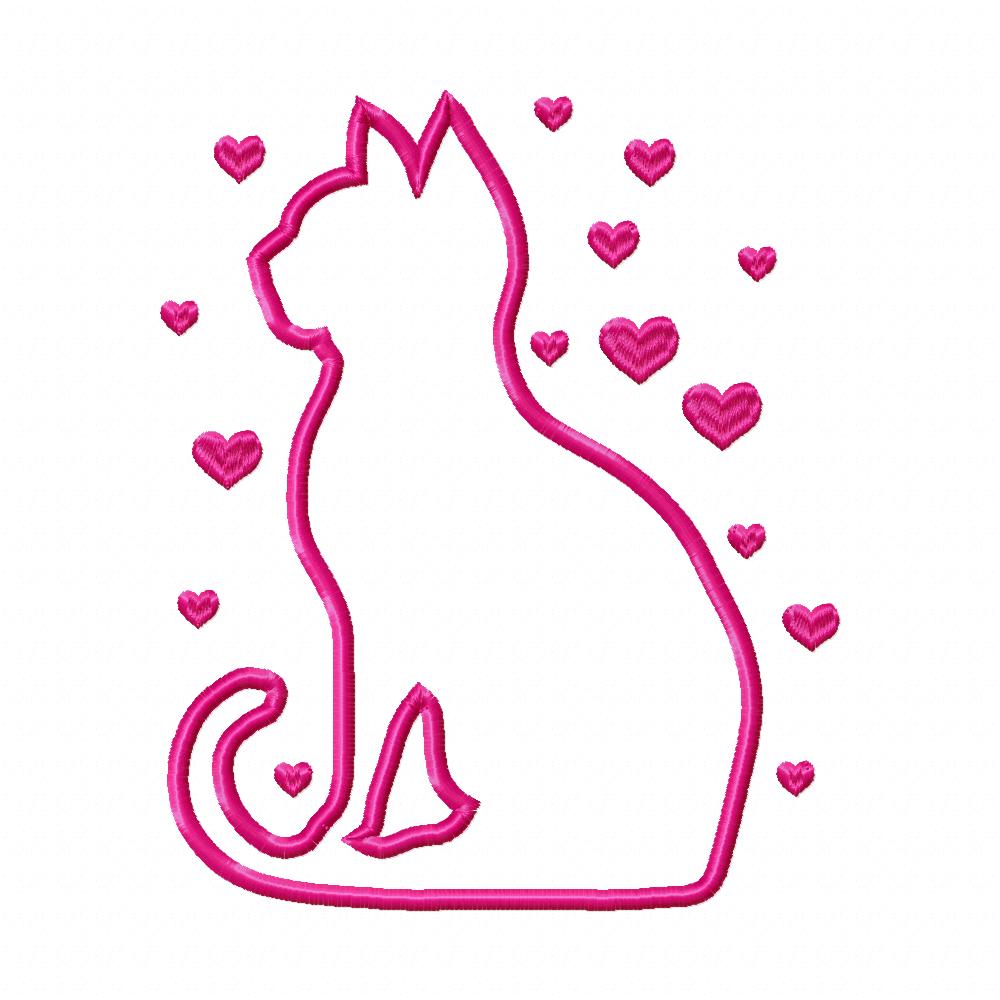 Valentine Silhouette Cat - Applique - Machine Embroidery Design