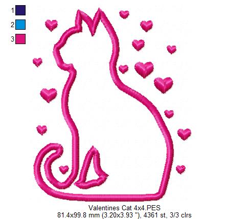 Valentine Silhouette Cat - Applique - Machine Embroidery Design