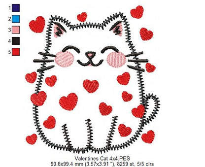 Valentine Happy Cat - Zig Zag Applique - Machine Embroidery Design