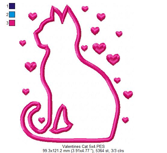 Valentine Silhouette Cat - Applique - Machine Embroidery Design