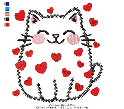 Valentine Happy Cat - Zig Zag Applique - Machine Embroidery Design