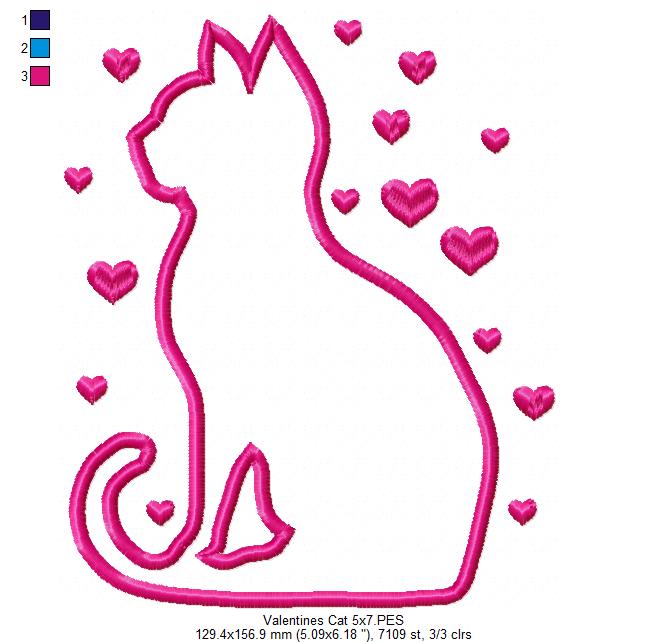 Valentine Silhouette Cat - Applique - Machine Embroidery Design