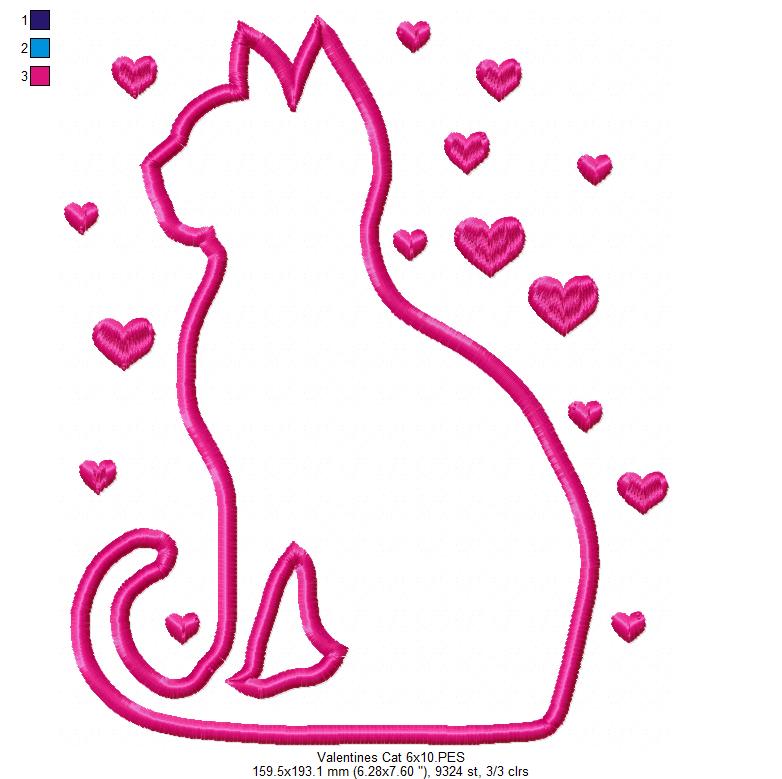 Valentine Silhouette Cat - Applique - Machine Embroidery Design