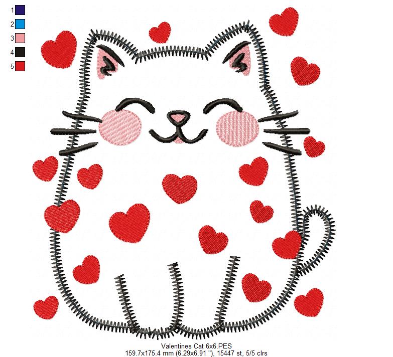 Valentine Happy Cat - Zig Zag Applique - Machine Embroidery Design