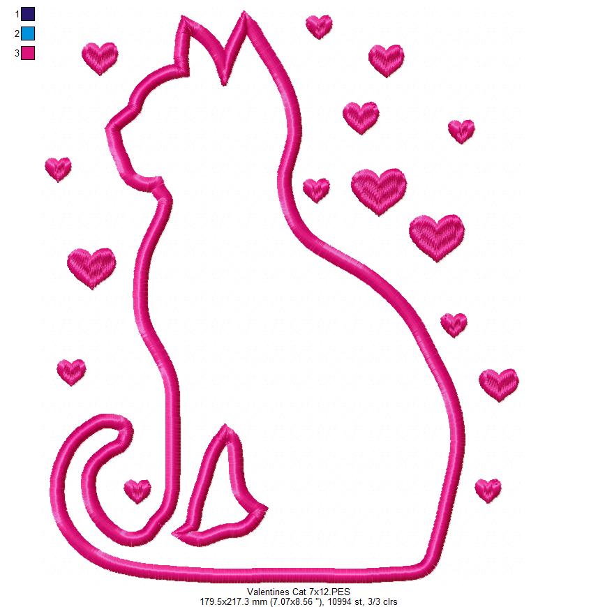 Valentine Silhouette Cat - Applique - Machine Embroidery Design