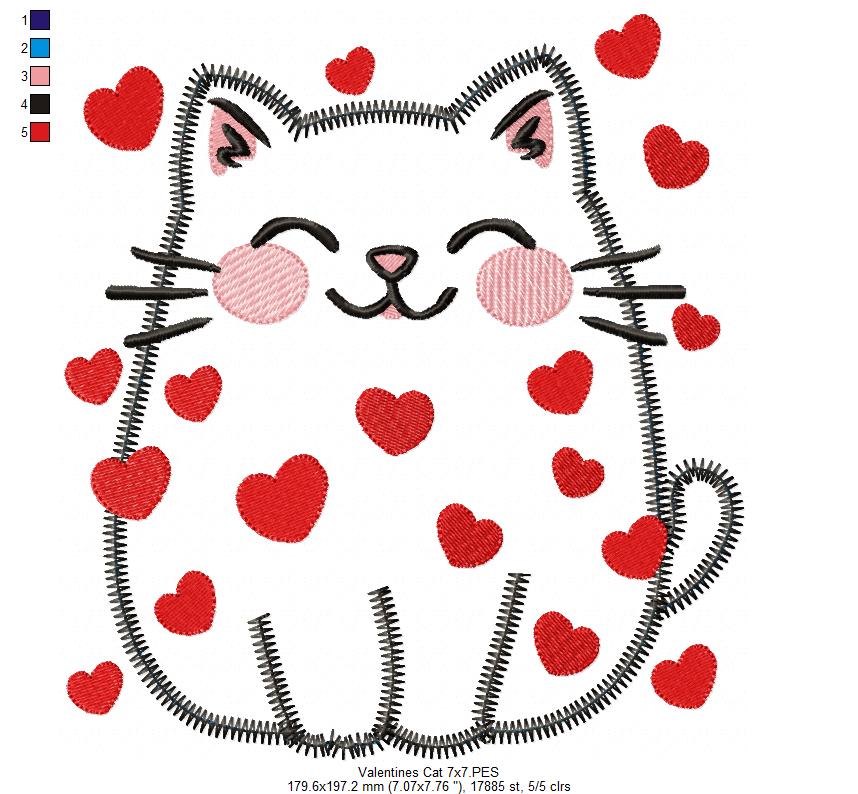 Valentine Happy Cat - Zig Zag Applique - Machine Embroidery Design