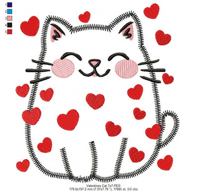 Valentine Happy Cat - Zig Zag Applique - Machine Embroidery Design