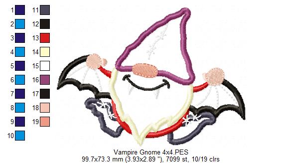 Vampire Gnome - Applique - Machine Embroidery Design