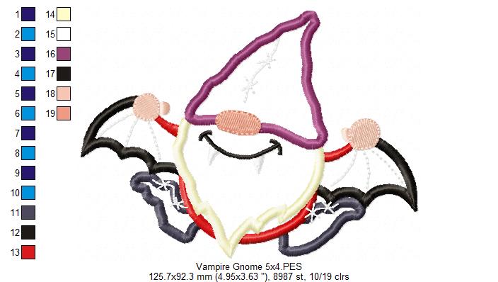 Vampire Gnome - Applique - Machine Embroidery Design