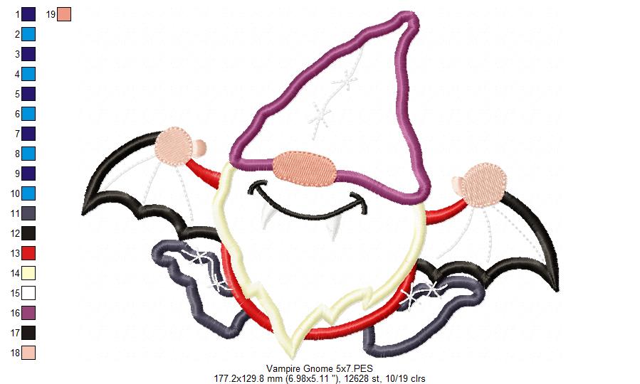 Vampire Gnome - Applique - Machine Embroidery Design