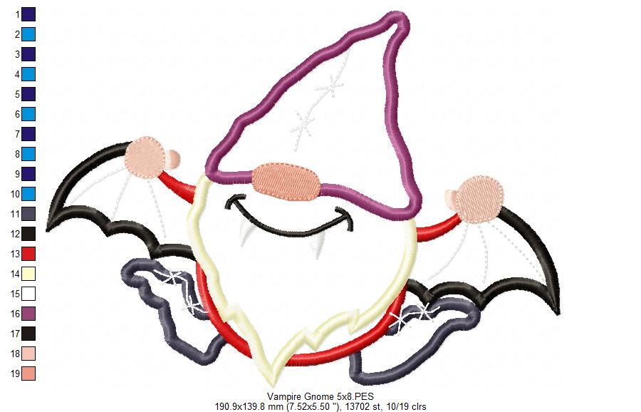 Vampire Gnome - Applique - Machine Embroidery Design