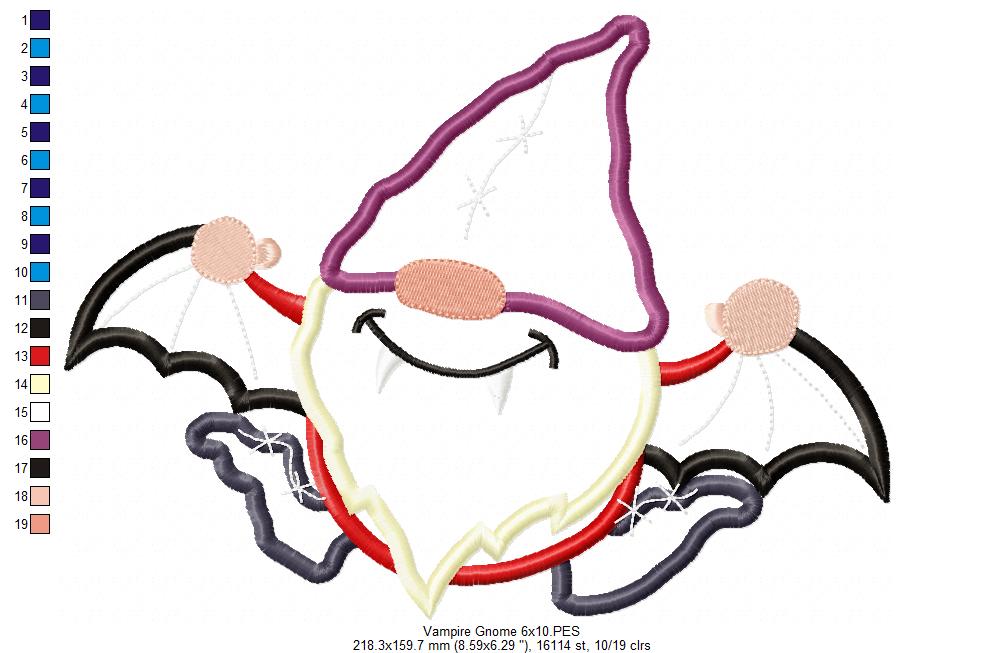 Vampire Gnome - Applique - Machine Embroidery Design