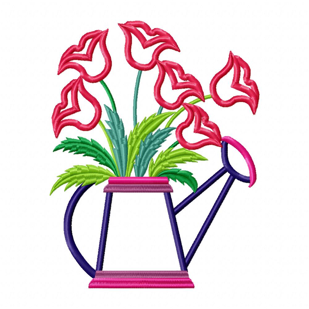 Tulips Watering Can - Applique - Machine Embroidery Design